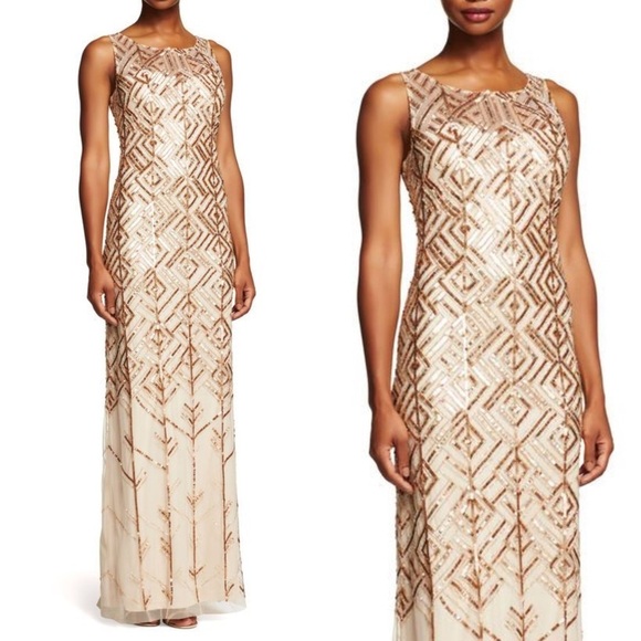 Adrianna Papell Nude & Gold Sequin Beaded Column Dress Gown Sz 10 - Picture 2 of 13